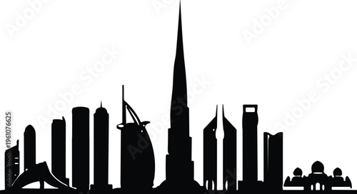 Dubai skyline silhouettes modern cityscape architecture urban landmarks vector illustration travel destination design concept