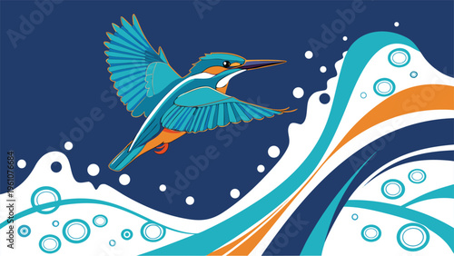 Kingfisher bird flying over ocean waves vector, colorful wildlife illustration with splashing water, nautical nature background in flat style