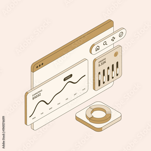 Isometric illustration of a digital dashboard displaying business analytics, financial data, and performance metrics with various charts and graphs for market analysis and reporting