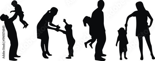 Family silhouettes parents with children walking playing together vector illustration happy family life concept design