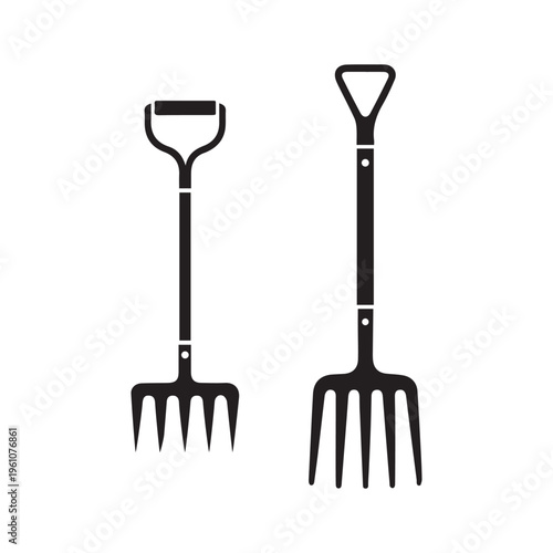 Garden pitchfork and hand fork silhouette icons for farming and composting vector
