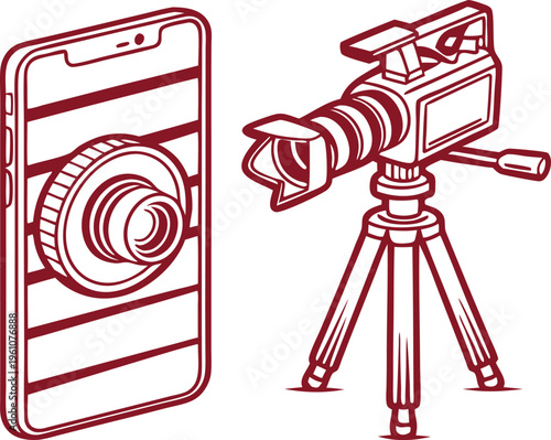 Professional video camera on tripod and smartphone with lens, burgundy line art vector illustration, mobile filmmaking and digital content creation