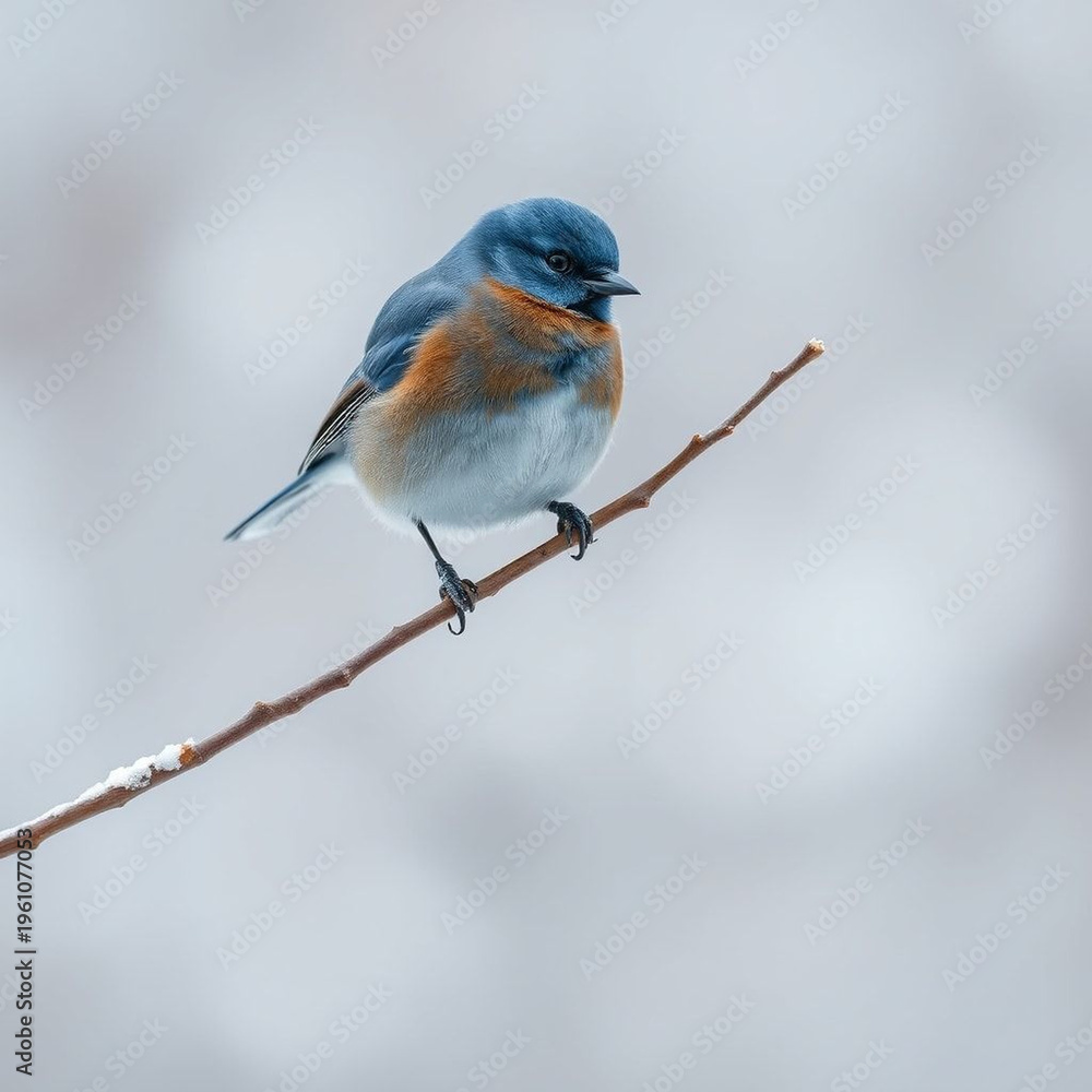 Obraz premium Bluebird perched on winter twig with snow background