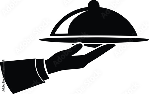 Waiter hand serving food tray cloche icon vector