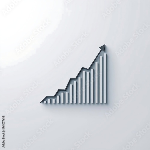 Minimalist three dimensional bar chart graphic illustrates upward trend with an ascending dark arrow motif.