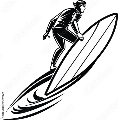 Vintage surfer riding wave vector illustration, retro woodcut style surfing man on surfboard, black and white nautical sports graphic for apparel