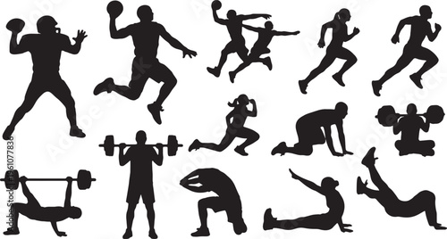 Diverse silhouettes performing various fitness and sports activities