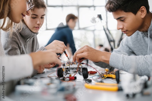 Group of high school students working together on a modern robotics project in a classroom laboratory for stem education and teamwork concepts