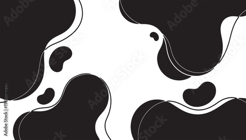 Abstract black and white fluidic shapes dancing across a plain background