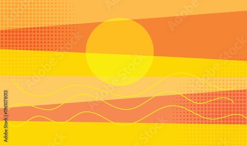 Abstract Summer Sunset Background with Yellow Sun, Orange Geometric Stripes, and Wavy Lines, Modern Minimalist Vector Illustration, Warm Tropical Vibes for Web Header and Poster Design