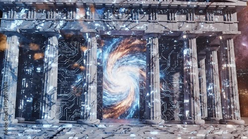 Ancient temple merging with futuristic circuit board, exploding with cosmic energy