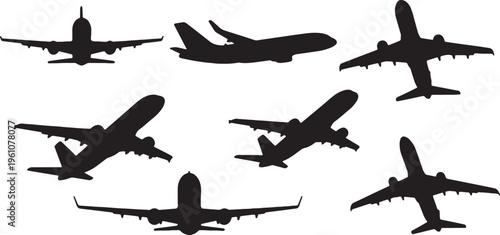 Diverse silhouettes of various types of commercial airplanes in flight.