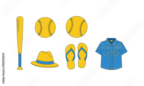 Classic baseball and beachwear outfit illustration with accessories