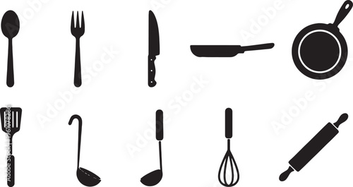 Assorted kitchen utensils and tools for cooking and baking displayed in black and white