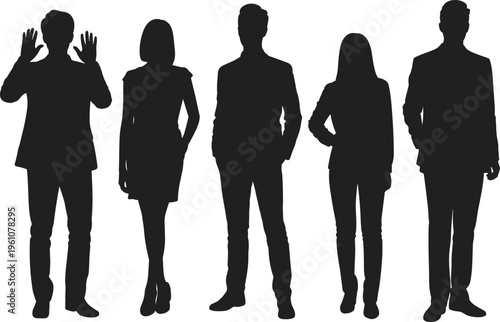 Diverse group of professional business people silhouettes standing in a row on white background representing teamwork corporate leadership collaboration and modern office career community