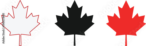 Three stylized maple leaves are displayed in red black and white representing canada and its national symbol high quality professional detailed