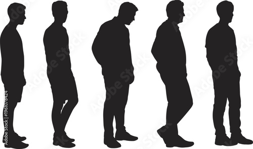 Black silhouettes of casual men in standing and walking poses isolated on white background depicting a diverse group of people waiting or moving together