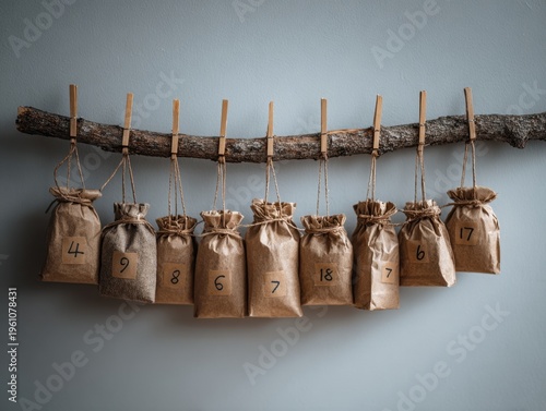 Eco-friendly Advent calendar made of small kraft paper bags with handwritten numbers, hanging on simple wooden branch, neutral wall background, soft natural daylight Clean