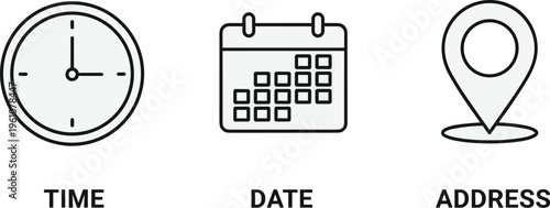 A simple gray scale illustration displays a clock calendar and map pin representing time date and location high quality professional detailed