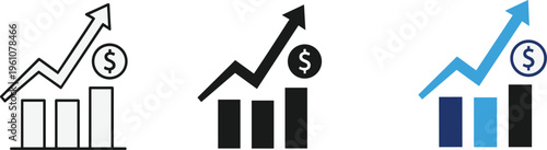 Three variations of upward trending graphs with dollar signs and bar charts representing financial growth and success high quality professional detailed