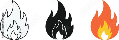 Three stylized flame illustrations are presented showcasing variations in color and outline against a plain white background high quality professional detailed