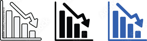 Three downward trending bar graphs are depicted showcasing decline in varying color schemes outline solid and blue high quality professional detailed