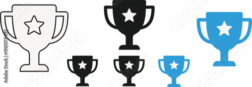 A collection of award trophies in varying colors and sizes each adorned with a prominent five pointed star high quality professional