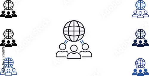 A graphic representation displays interconnected globes and groups of people suggesting global communication and collaboration networks high quality professional detailed modern