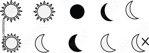 A graphic displays various celestial bodies including suns moons in different phases and a black circle with an x high quality