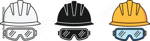 Three construction helmets in varying colors are displayed alongside matching protective eyewear showcasing safety equipment options high quality professional detailed modern