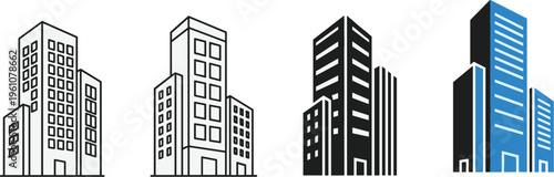 Four stylized depictions of modern skyscrapers are presented in varying color schemes showcasing architectural design elements high quality professional detailed elegant