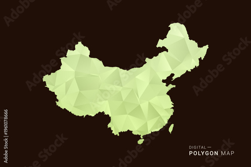 China Map - Low poly polygon map in soft light green gradient on dark brown background, modern minimal geometric style, clean abstract vector illustration design.
