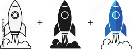 A visual progression of a rocket ship icon transitioning from grayscale to full color representing stages of development high quality professional