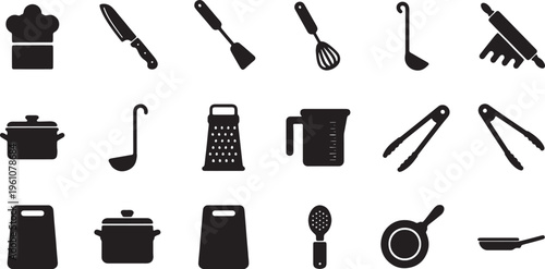 Assorted black and white kitchen utensils and cookware icons set