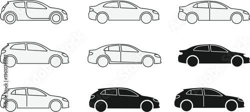 A collection of nine vehicle outlines are displayed showcasing different car body styles and colors high quality professional detailed modern elegant