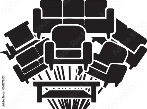 Circular arrangement of various seating furniture around a central coffee table