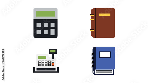 Four essential office and study tools illustrated in a minimalist style