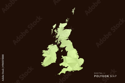 United Kingdom Map - Low poly polygon map in soft light green gradient on dark brown background, modern minimal geometric style, clean abstract vector illustration design.