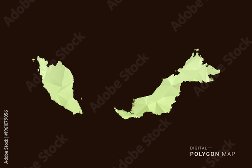 Malaysia Map - Low poly polygon map in soft light green gradient on dark brown background, modern minimal geometric style, clean abstract vector illustration design.