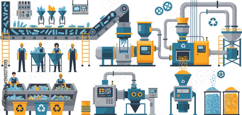 Plastic Recycling Plant Process with Waste Sorting, Conveyor Belts, Shredding Machines and Recycled Material Production Industrial Vector Illustration