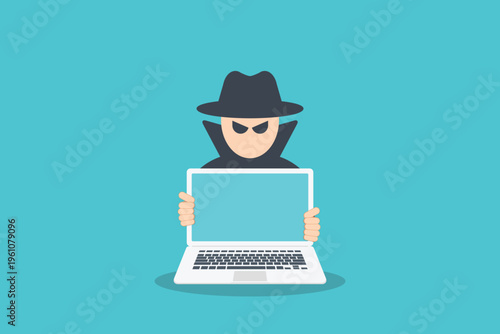 Cyber Hacker with Laptop Vector Illustration, Online Fraud Attack, Data Breach Security Threat, Identity Theft Crime, Anonymous Cybercriminal, Internet Privacy Risk Concept