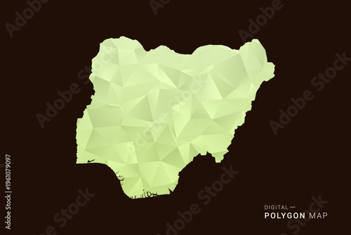 Nigeria Map - Low poly polygon map in soft light green gradient on dark brown background, modern minimal geometric style, clean abstract vector illustration design.