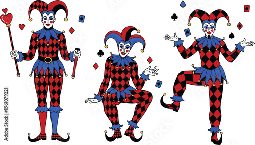 Colorful Harlequin Joker Characters Set with Playing Cards and Staff in Carnival Costume for Circus, Casino, Theater, and Entertainment Vector Illustration