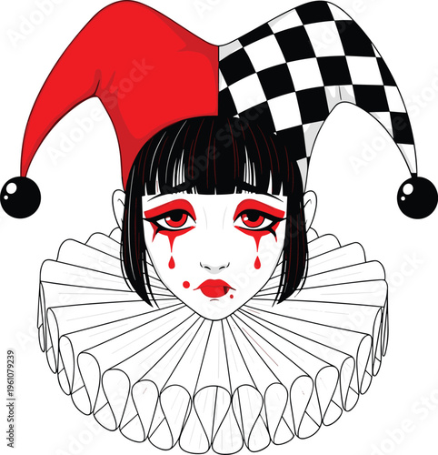 Sad Harlequin Joker Girl Portrait with Checkered Jester Hat and Ruffled Collar Vintage Style Illustration for Carnival, Theater, and Drama Concept