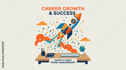 Career Growth and Success Concept with Rocket Launch and Office Desk