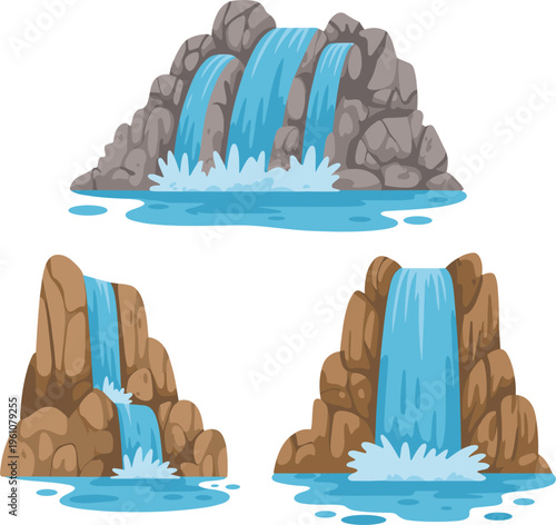 Waterfall vector set with rocky cascades and splashing water, nature landscape elements for outdoor scene design
