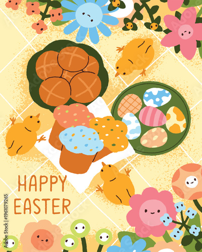 Charming Flat Illustration of a Happy Easter Celebration with Cute Baby Chicks, Colorful Eggs, Sweet Muffins, and Spring Flowers on a Festive Table Setting