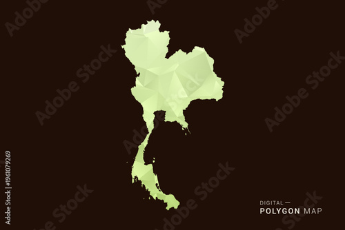 Thailand Map - Low poly polygon map in soft light green gradient on dark brown background, modern minimal geometric style, clean abstract vector illustration design.