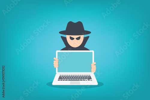 Cyber Hacker with Laptop Vector Illustration, Online Fraud Attack, Data Breach Security Threat, Identity Theft Crime, Anonymous Cybercriminal, Internet Privacy Risk Concept