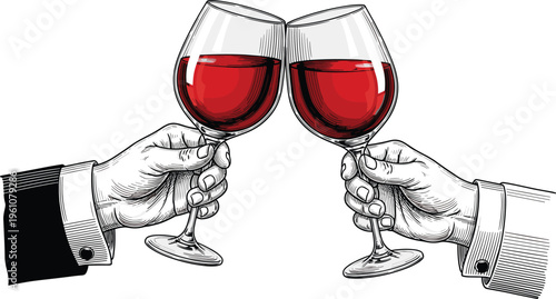 Hands Holding and Clinking Red Wine Glasses Vintage Engraving Style Vector Illustration for Celebration, Toast, Restaurant, Winery, and Romantic Dinner Concept Design